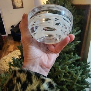 HEAVY Blown Glass White/Clear Swirl Tealight Votive Candle Holder Incense Burner